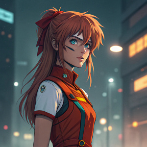 Asuka Langley Sohryu, character from Neon Genesis Evangelion, with iconic orange hair and one eye covered in a bandage. Standing in a futuristic setting with city lights in the background.