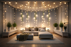 "Generate a modern, minimalist romantic room with sleek furniture, muted tones, and strategically placed fairy lights. Convey a contemporary yet intimate atmosphere, perfect for a romantic rendezvous."


