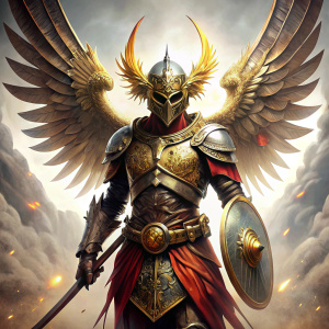 Create a powerful a fierce warrior angel of Asian descent. The angel should be adorned in battle gear, including a gleaming sword, a sturdy shield, and an intricately designed helmet. The background should be a clean white canvas, allowing the warrior to stand out boldly. Capture the intensity and determination in the angel's eyes as they prepare for battle.