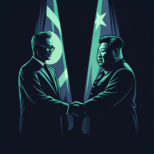 Formal portrait of Moon Jae-in and Kim Jong Un, shaking hands. Brightly lit room, with flags of both nations on display.
