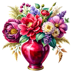 a WATERCOLOR IMAGE, Antique Bohemian Enamel decorated red  Glass Vase, decorated with gold fine porcelain flowers .THERE ARE IN THE VASE : amaranth  peonies  , cream  WEEDS ,burgundy PEONIES,light orange Bougainvillea, purple dandelion ,plum geranium,Narcissus,mint crocusES ,mauve daffodil ,mustard roses ,amaranth Damarion s,  pink  tulips , pink freesia , lavender Common Crape Myrtle ,red Watsonia ,tritoma.carmine Chandramallika, burgundy VIOLETS ,SEPHIA SISYMBRIUM,CREAM CHAMOMILE , teracotta b