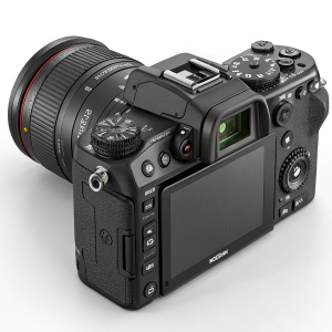 Professional Nikon Coolpix digital camera, sleek black body with large LCD screen and numerous control buttons for versatile shooting options.