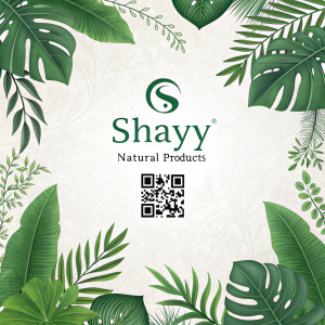 Digital graphic for Shayy Natural Products featuring logo, lush greenery, and QR code. Emphasizes brand's dedication to natural hair and skin care solutions.