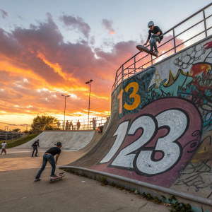 Urban skate park with a concrete ramp covered in vibrant graffiti and featuring a large logo with a number, set against a sunset backdrop.