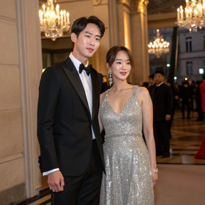 Yoo Yeon-Seok and Lim Soo-Jung attending a gala dinner in Paris. Yoo Yeon-Seok in a black tuxedo, Lim Soo-Jung in a silver sequined gown.