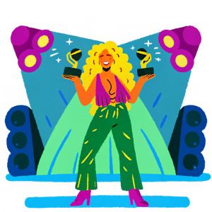 Shakira, radiant with joy, holding trophies. Performing on stage at the Grammy Awards.