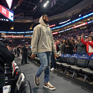 Marcedes Lewis, in a casual hoodie and sneakers, at a NBA All-Star game. Crowded stadium in the background.