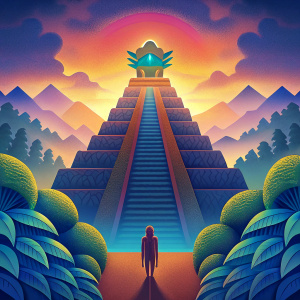 Dios azteca mirando una piramide en la tarde