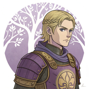 Character from Fire Emblem Three Houses, young, intense gaze, fair skin, purple and earthy tones armor, unique emblem on chest plate, tree-like structure silhouette