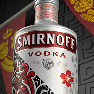 Modern advertising design featuring Smirnoff vodka bottle. Bold font in English and Filipino text. Luxurious yet culturally infused