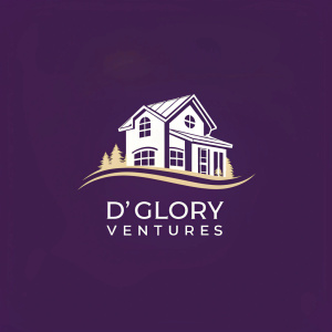 Minimalist logo for D'Glory Ventures. A sleek, white house icon against a deep purple backdrop. Company name in bold, clean font below the icon.