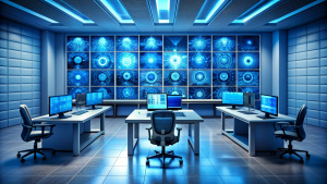 Illustration of a modern security system control room with multiple displays and monitoring room. Network monitoring and management information. Perfect for cybersecurity concepts