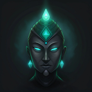 Robot Budha head, turquoise diamond glowing eyes, t-shirt design concept