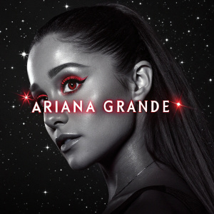 Ariana Grande's dramatic portrait with bold red and white text. The background is black with stars.