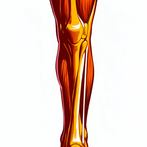 Illustration of the gastrocnemius muscle. Detailed cross-section view of lower leg anatomy. Muscle illustrated in shades of brown with purple fibers. Light blue background. Focus on anatomical precision and clarity.
