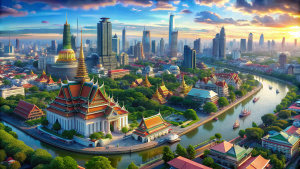 an anime-style panoramic drone shot captures a scene of the Chao Phraya River flowing through the middle of Bangkok. There are temples, buildings, and beautiful houses.