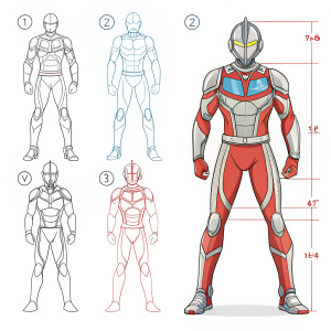 Step-by-step tutorial on drawing Ultraman Xenon. Detailed breakdown of proportions and anatomy.