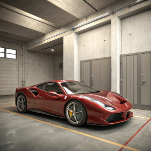 Red Ferrari 488 GTB parked in an empty garage. Shiny metallic finish, low profile design, sleek and aerodynamic body.