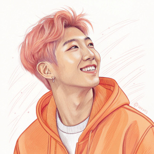 A vibrant fan art of Kim Namjoon from BTS. Soft pastel colors, mainly orange. Casual pose with a smile. Sketchy lines and plain white background.