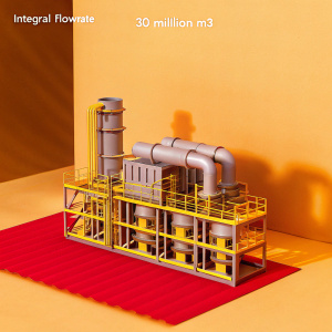 A highly detailed 3D model of an industrial plant. Complex machinery, pipes, and components arranged in a large-scale layout. Dominant colors are gray and yellow with accents of purple. Dark background emphasizing the intricate machinery and the label 'Integral Flowrate' indicating a capacity of 30 MILLION M3.