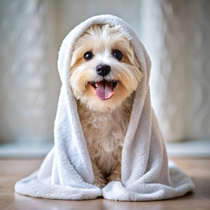 very cute smile dog is sitting under the towel