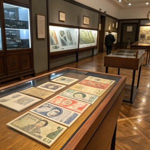 Various denominations of South Korean won banknotes displayed on a wooden table. The table is in a museum setting dedicated to currency history.