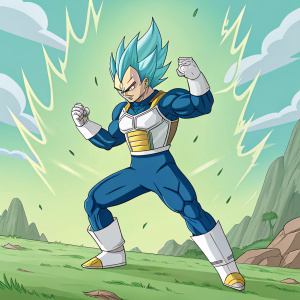 Vegeta in Super Saiyan Blue, flexing in a dynamic pose with detailed muscle definition, set against a vibrant green landscape backdrop