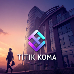 Concept art of 'Titik Koma'. Modern design featuring a semicolon symbol in vibrant purple and blue hues. Geometric logo with text 'Titik Koma' on sleek gradient background.