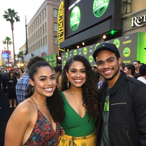 Sierra Capri, Jessica Marie Garcia, and Jason Genao at a Hollywood premiere. Wearing casual attire, smiling broadly. Against neon green backdrop with logo designs. Crowded outdoor event