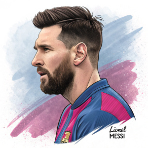 Digital painting of Lionel Messi. Modern, sleek hairstyle and meticulously groomed beard. Blue and pink sports jersey. Signature at bottom right corner.