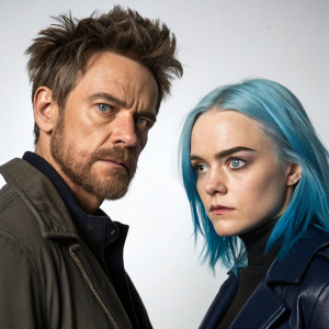 Left: rugged-looking male with a prominent brow and sharp features. Right: soft-looking female with striking blue hair. Both characters share a serious expression. Lightly lit studio background