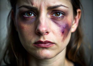foto de plano busto diagonal de una mujer con su rostro golpeado