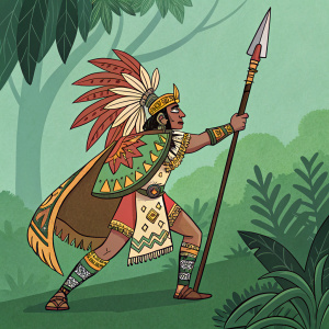 A warrior in a traditional Mayan outfit. The warrior is brandishing a large spear and wears a headdress with a fierce face design. He stands against a vibrant green forest background.