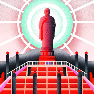 Digital illustration of the Thiruvalluvar statue in Kanyakumari, India. The statue is shown in a vibrant, modern style with a large, glowing halo. The statue is dressed in ornate robes and stands on an elaborate, colorful base.