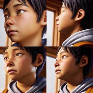 3D render of a young Asian boy's face. Detailed and realistic. Shown from multiple angles. Related to The Last of Us: Part II.