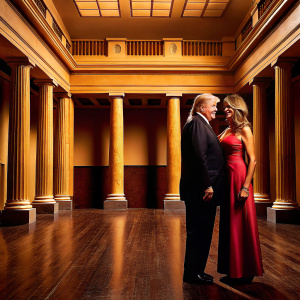Melania Trump, smiling in a vibrant red dress, standing beside Donald Trump in a black suit. Empty hall with high ceilings