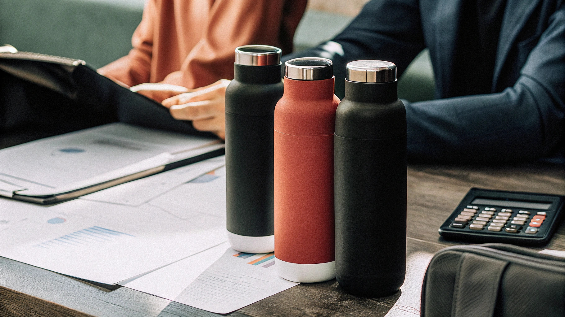 A business meeting scene with samples of insulated bottles on a table. Documents, a calculator, and charts are placed nearby to highlight strategic cost management and professionalism.