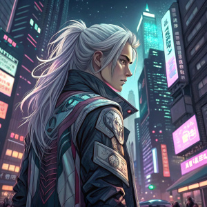 An anime character with long silver hair in a profile pose. The character has a stern expression and wears a futuristic, layered, and patterned outfit with a mix of dark and light colors, featuring metallic and synthetic textures. The background is a digital cityscape.