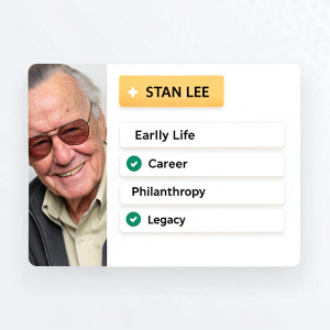 Wiki-style bio screenshot of Stan Lee. Sections include Early Life, Career, Philanthropy, Legacy. Simple, clean background.