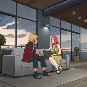 Minato Namikaze and Kushina Uzumaki, characters from Naruto, sitting on a gray urban sofa in a modern setting.