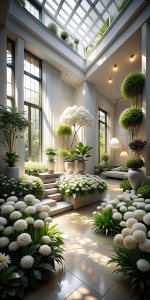  imagen frontal de jardines interiores con bonitas flores blancas, bien iluminado, imagen en alta calidad y detalle, sensacion de profundidad y amplitud, realismo, resultado de studio profesional, 4k