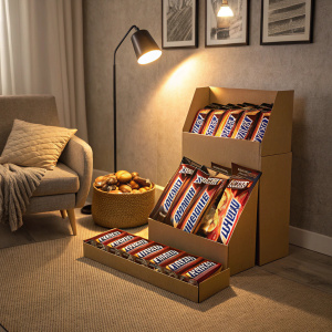 Display of Snickers candy bars in cardboard cutouts. Set in a cozy, dimly lit room. Neutral backdrop, soft lighting