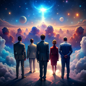 people from different ethnicities in business suit surrounded by spiritual sky