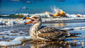 gaviota cubierta de petroleo negro en la playa con el pico abierto y sin poder andar ni volar.las olas son negras