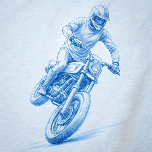  T-shirt design Motorcyclist doing a back wheel stunt,  Doug Domokos.