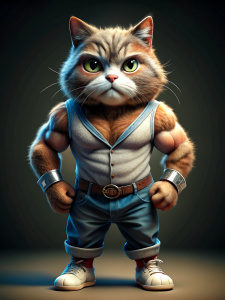 Stocky cat, dressed in a watch, jeans, tennis shoes and shirt, strong and confident