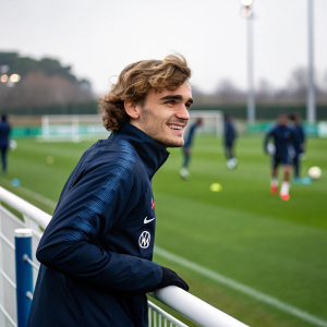 Antoine Griezmann, young french soccer player, poses with sponsors' logo at training session. Dark blue jacket, casual look. Soccer field background, blurry figures in distance.