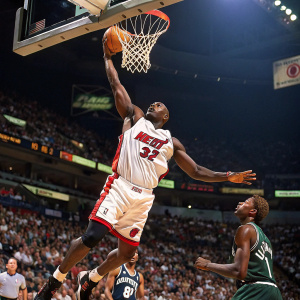Shaquille O'Neal, number 32 of the Miami Heat, leaping for a block against the Milwaukee Bucks in an electrifying NBA match. Crowd is cheering wildly. Vivid colors, bright lights, capturing live game action