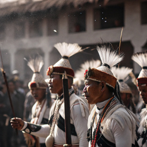 A vibrant scene from Chalo Loku festival in Arunachal Pradesh, India. Nocte tribe men adorned in traditional costumes, intricate headwear, and colorful accessories. Festive crowd in the background.
