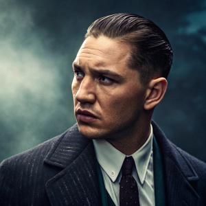 Tom Hardy, starring as one of the Kray twins, promotional film poster. Dark, moody colors and intense focus on the actor.